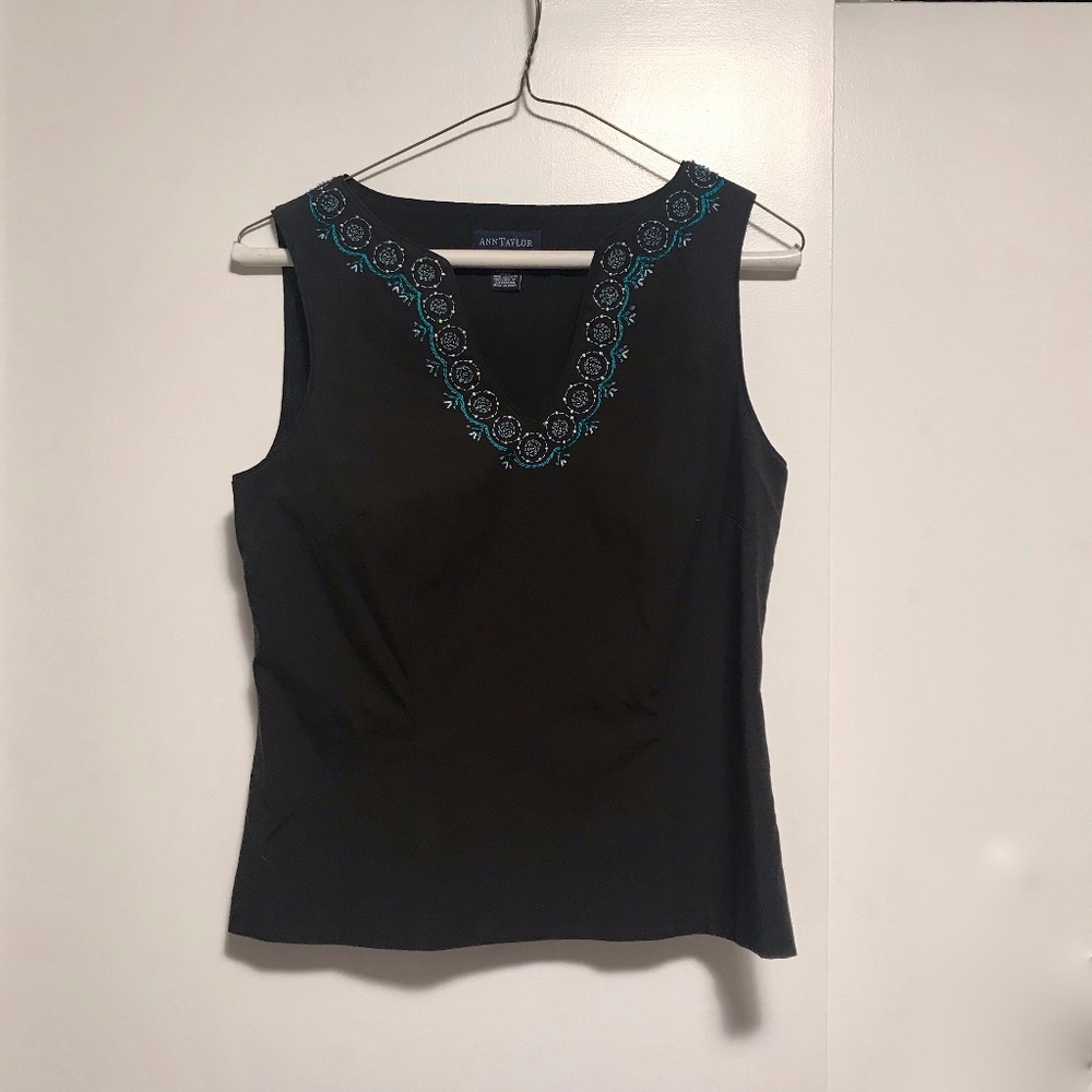 Ann Taylor Embroiled Black Sateen Shell